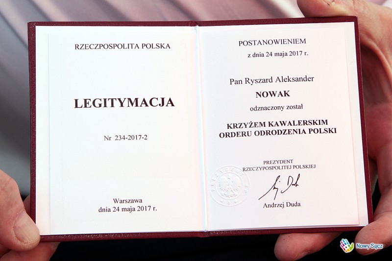 Krzyż Kawalerski Orderu Odrodzenia Polski dla Prezydenta Nowego Sącza Ryszarda Nowaka