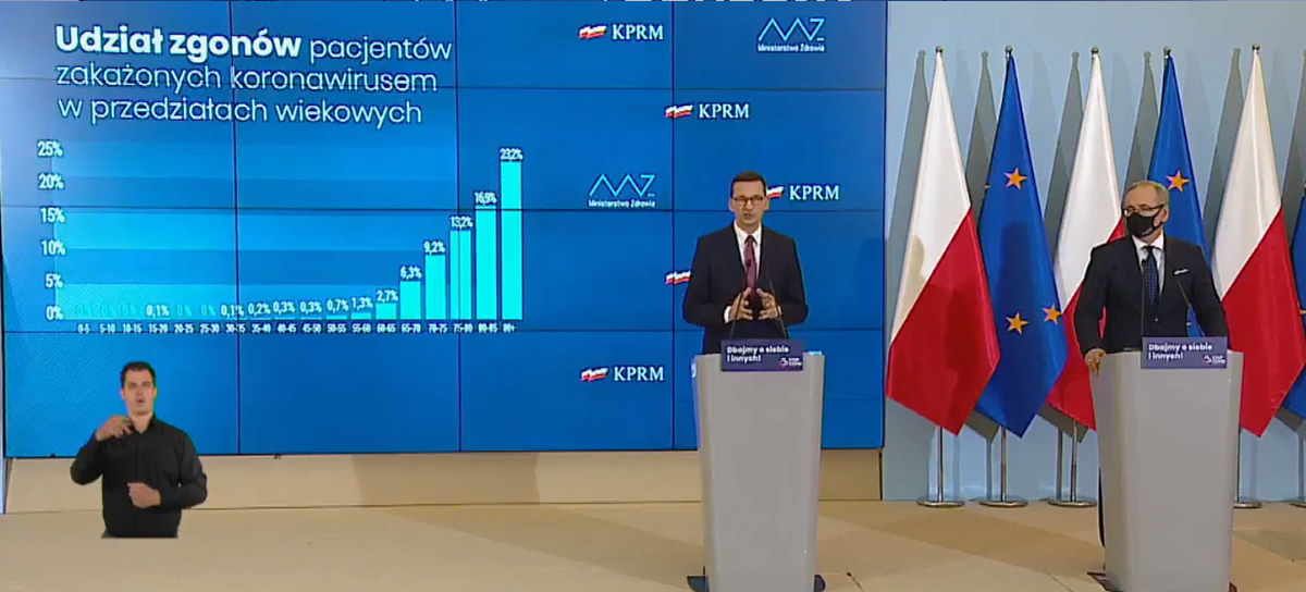 Premier Mateusz Morawiecki i minister zdrowia Adam Niedzielski podczas konferencji prasowej dotyczącej waliki z koronawirusem - fot. KPRM
