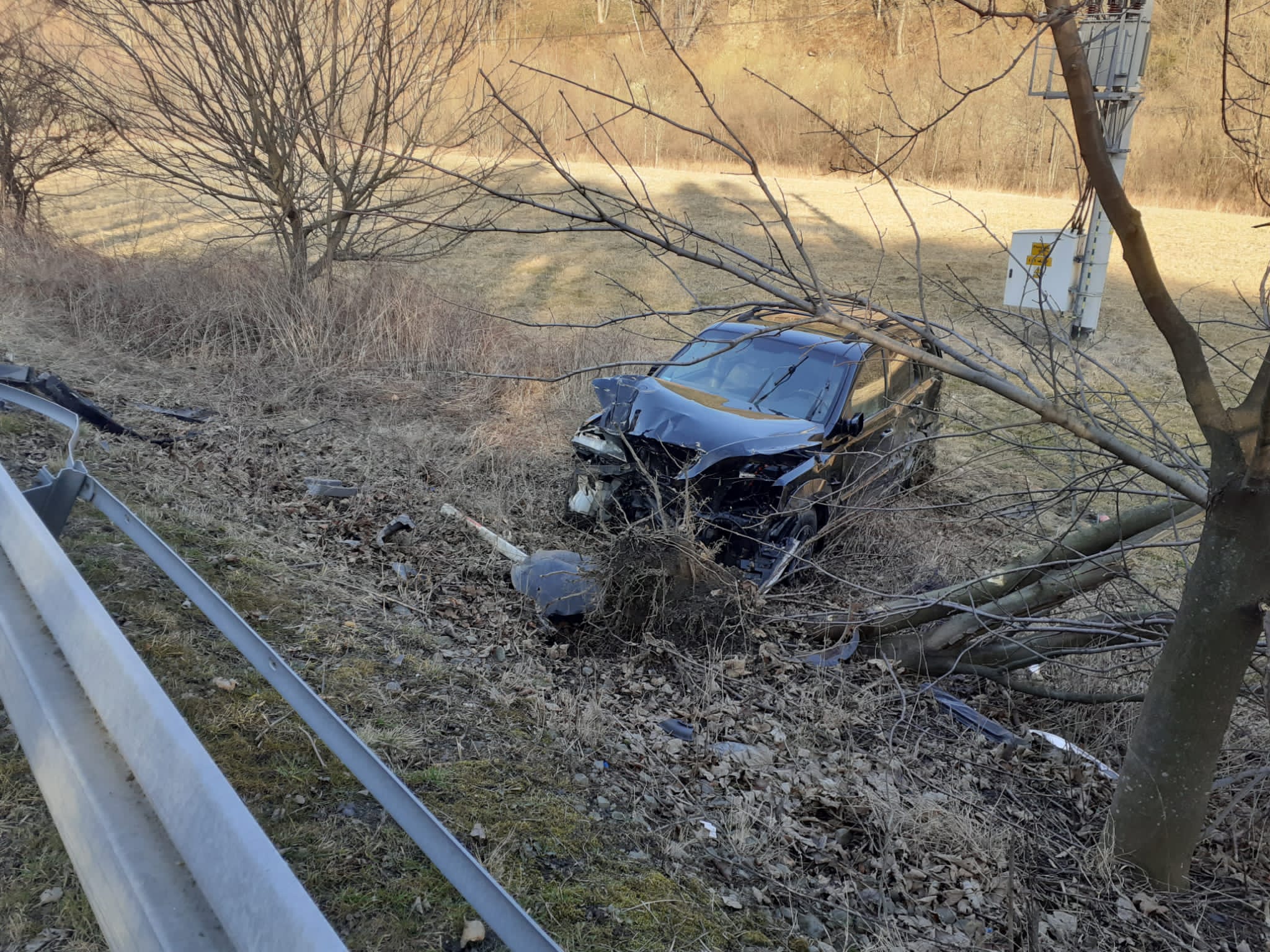 Samochód osobowy wypadł z drogi w miejscowości Florynka - fot. KM PSP Nowy Sącz