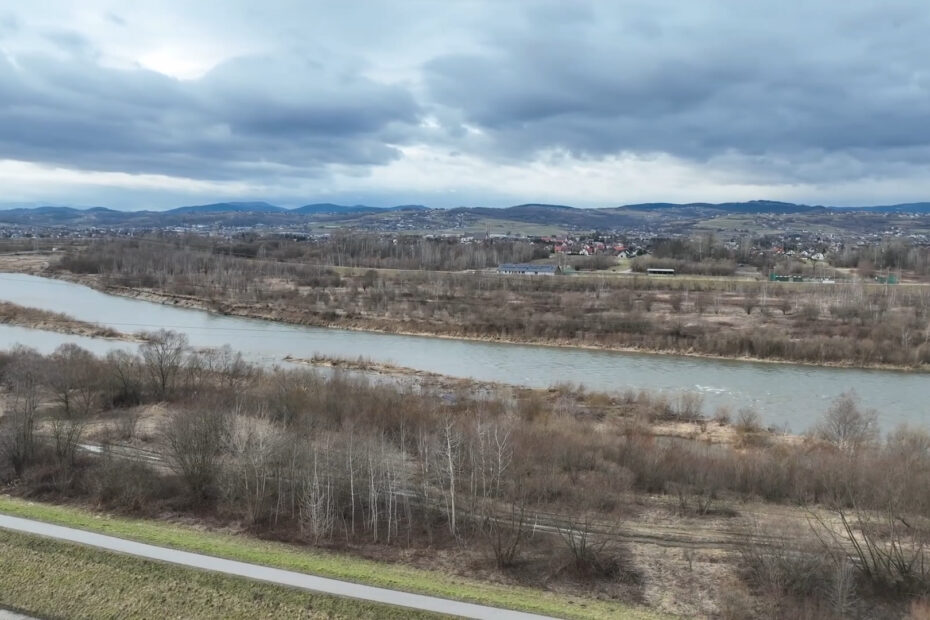 Rzeka Dunajec w Nowym Sączu z lotu ptaka - fot. UM NS